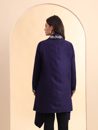 Zari Embroidery Woollen Full Sleeves Cape Shrug | Blue