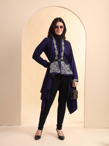 Zari Embroidery Woollen Full Sleeves Cape Shrug | Blue