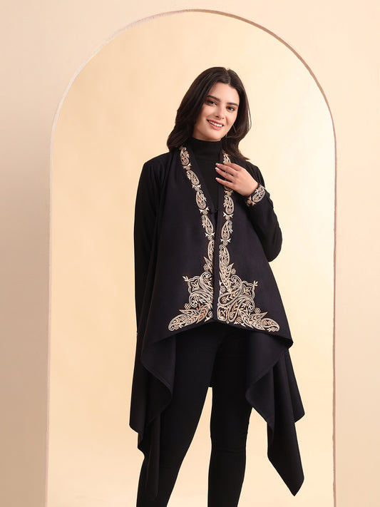 Zari Embroidery Woollen Full Sleeves Cape Shrug | Black