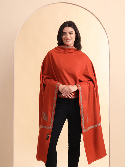 Sozni Embroidered Daur Border Solid Shawl | Rust