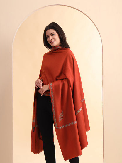 Sozni Embroidered Daur Border Solid Shawl | Rust