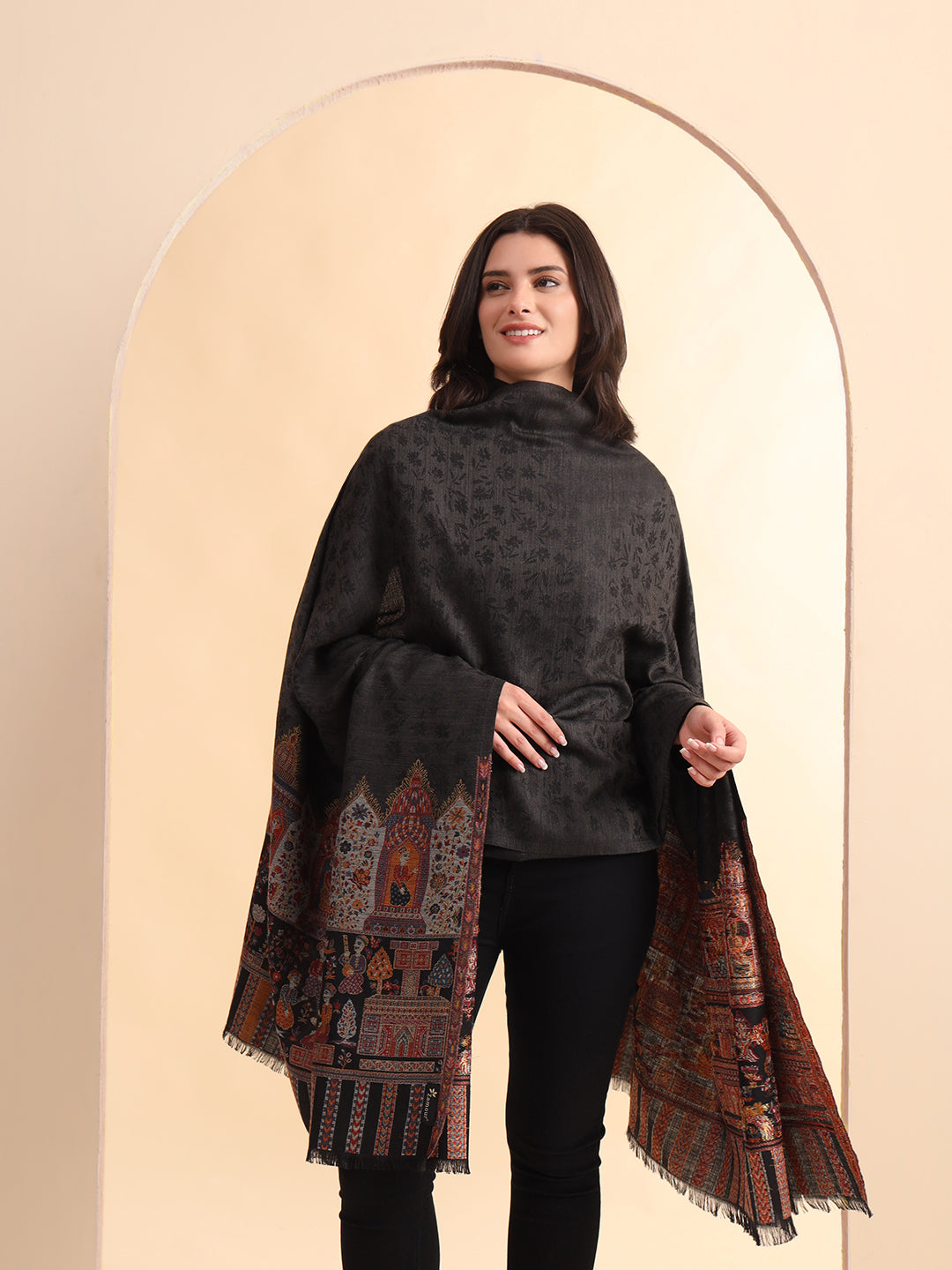 Kani Weave Pure Wool Shawl with Royal Darbar Motifs Borders | Black