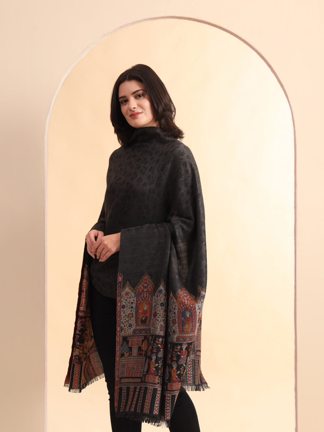 Kani Weave Pure Wool Shawl with Royal Darbar Motifs Borders | Black