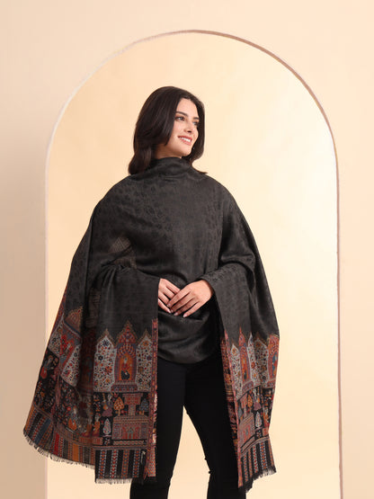 Kani Weave Pure Wool Shawl with Royal Darbar Motifs Borders | Black