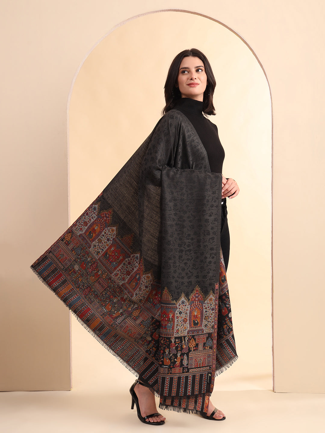 Kani Weave Pure Wool Shawl with Royal Darbar Motifs Borders | Black