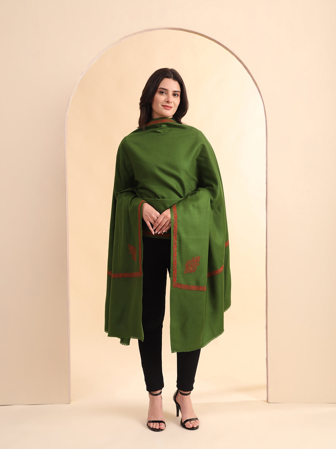 Sozni Embroidered Daur Border Solid Shawl | Olive Green