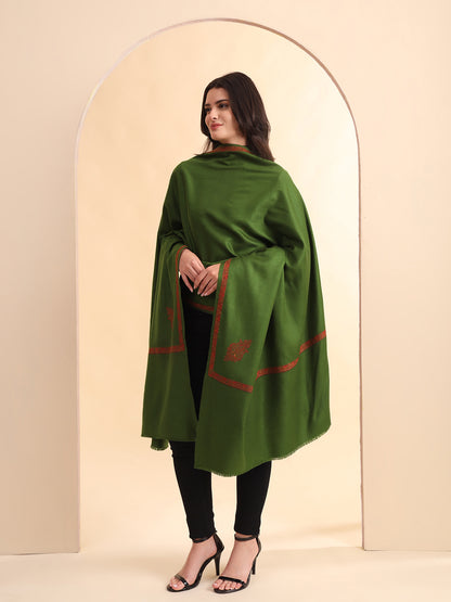 Sozni Embroidered Daur Border Solid Shawl | Olive Green