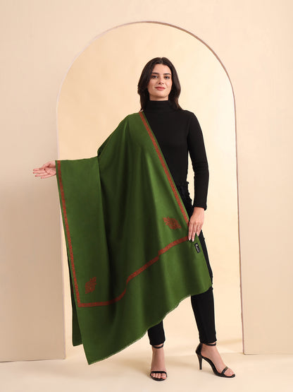 Sozni Embroidered Daur Border Solid Shawl | Olive Green