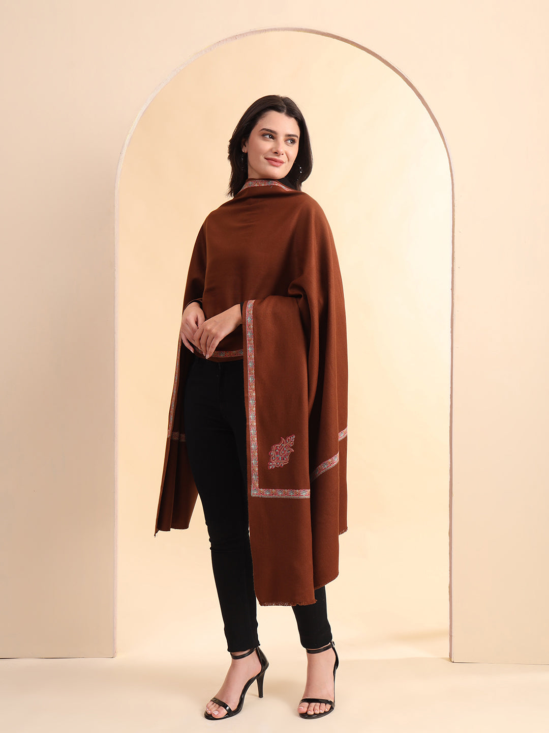 Sozni Embroidered Daur Border Solid Shawl | Brown