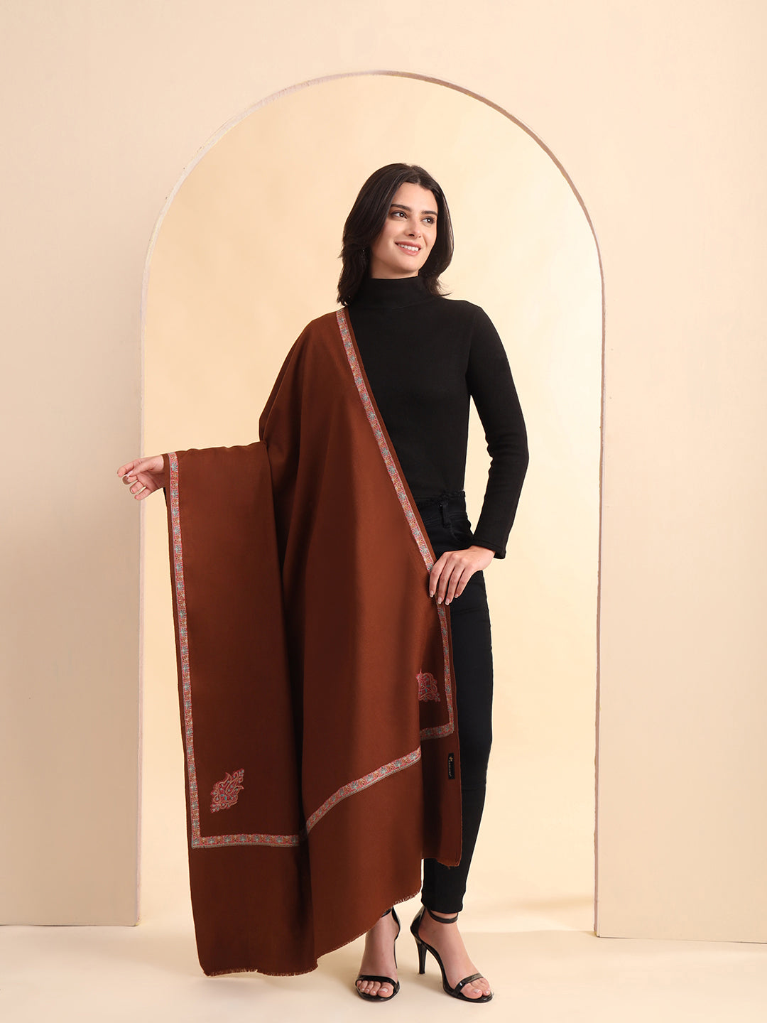 Sozni Embroidered Daur Border Solid Shawl | Brown