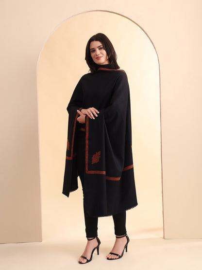 Sozni Embroidered Daur Border Solid Shawl | Black