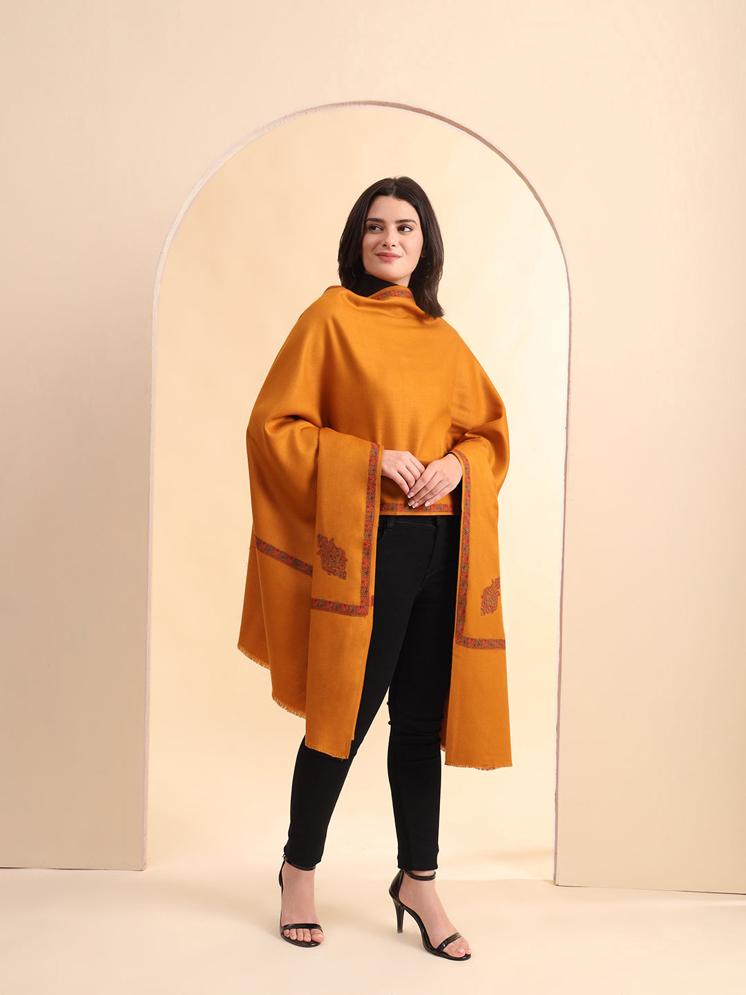 Sozni Embroidered Daur Border Solid Shawl | Mustard