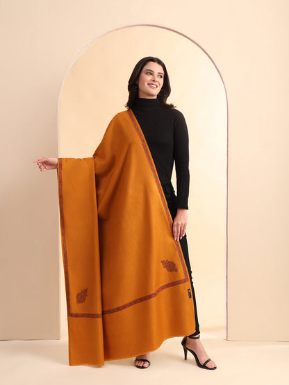 Sozni Embroidered Daur Border Solid Shawl | Mustard