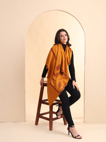 Sozni Embroidered Daur Border Solid Shawl | Mustard