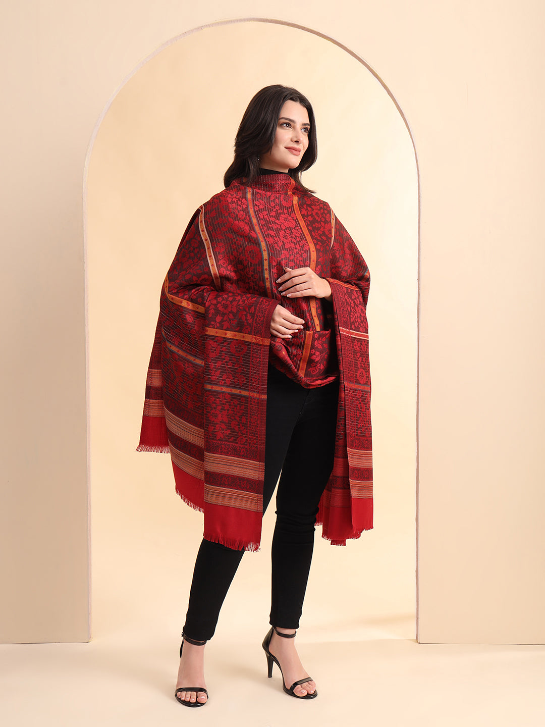 Woven Jamawar Shawl for Women in Floral Patterns | Maroon