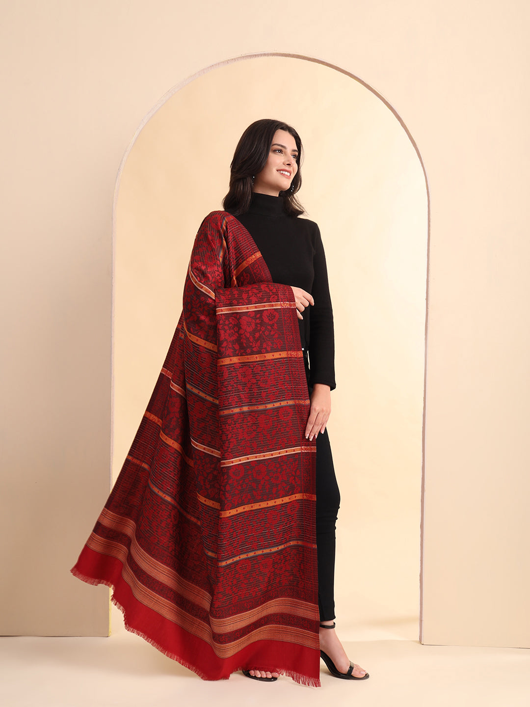 Woven Jamawar Shawl for Women in Floral Patterns | Maroon