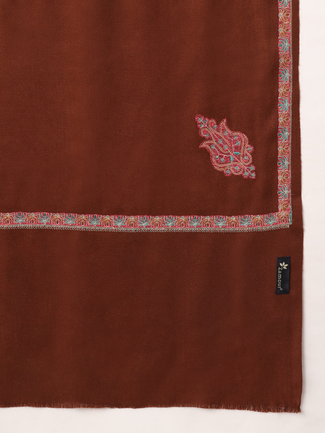 Sozni Embroidered Daur Border Solid Shawl | Brown