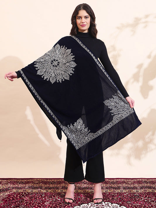 Velvet Zari Flower Embroidered Stole | Blue