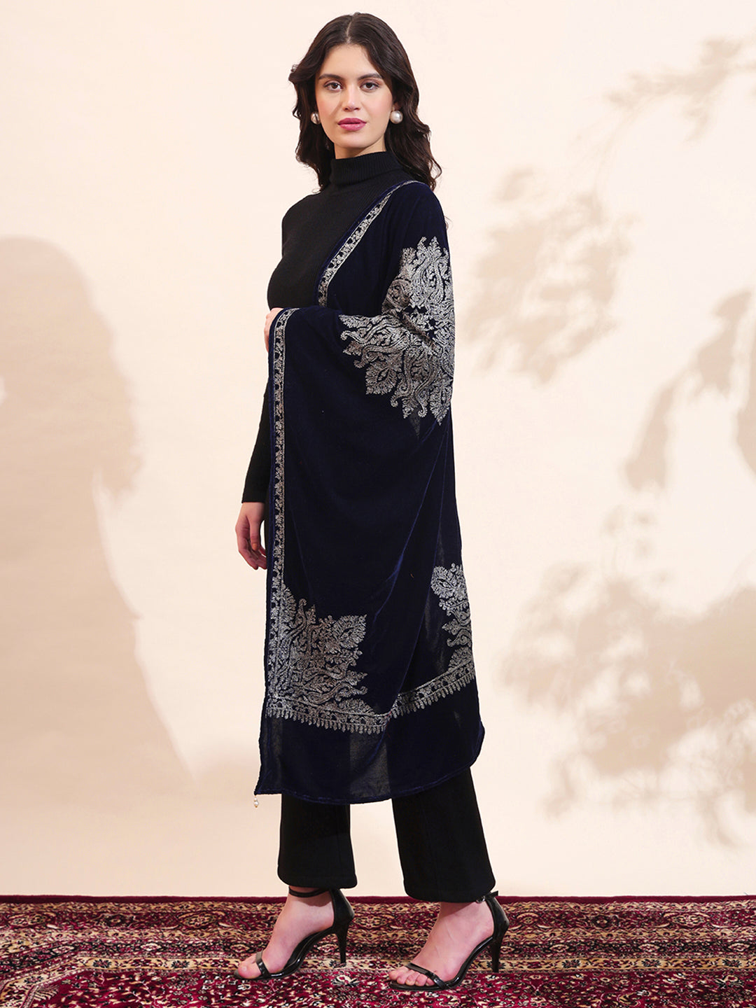 Velvet Zari Flower Embroidered Stole | Blue