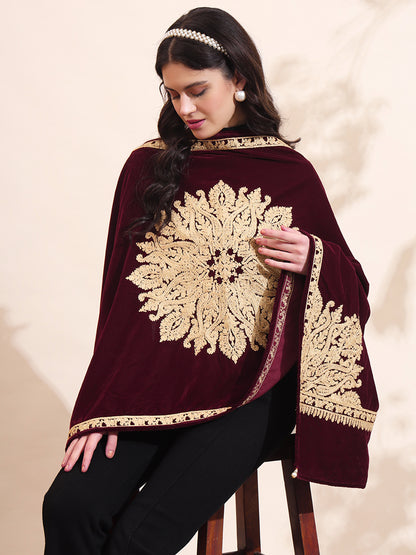 Velvet Zari Flower Embroidered Stole | Maroon