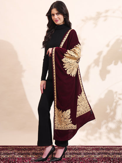 Velvet Zari Flower Embroidered Stole | Maroon