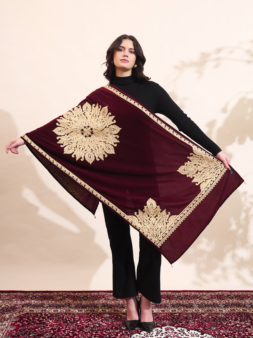 Velvet Zari Flower Embroidered Stole | Maroon