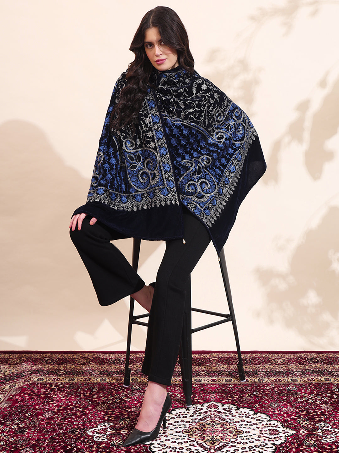 Velvet Floral Zari Embroidered Stole | Blue