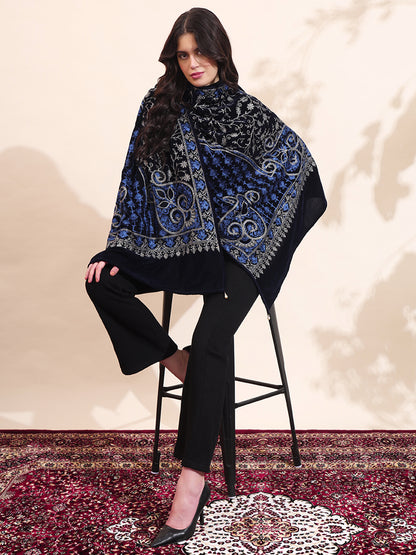 Velvet Floral Zari Embroidered Stole | Blue