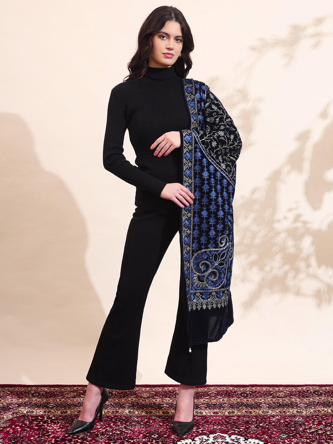 Velvet Floral Zari Embroidered Stole | Blue