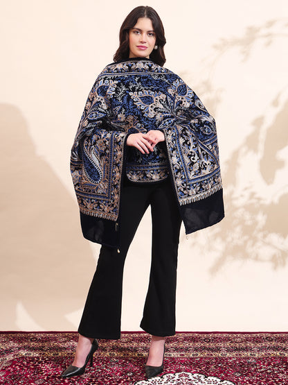 Floral Paisley Velvet Embroidered Stole | Blue