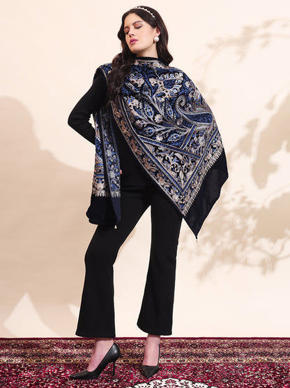 Floral Paisley Velvet Embroidered Stole | Blue