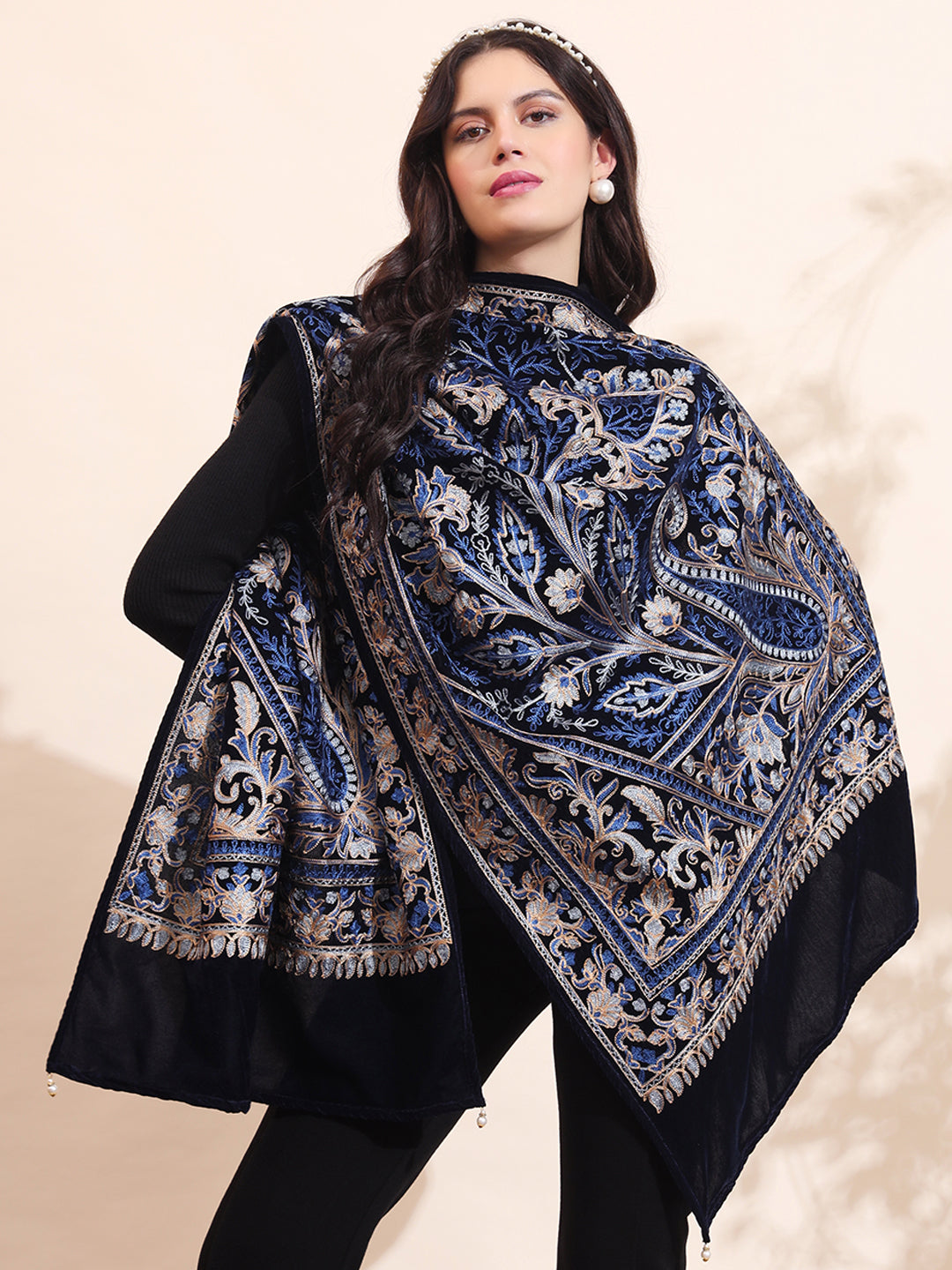 Floral Paisley Velvet Embroidered Stole | Blue