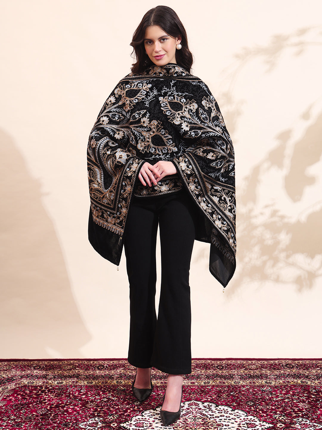 Floral Paisley Velvet Embroidered Stole | Black