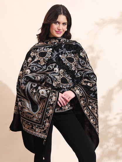 Floral Paisley Velvet Embroidered Stole | Black