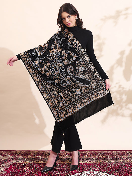 Floral Paisley Velvet Embroidered Stole | Black