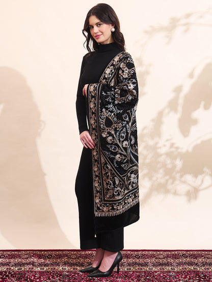 Floral Paisley Velvet Embroidered Stole | Black