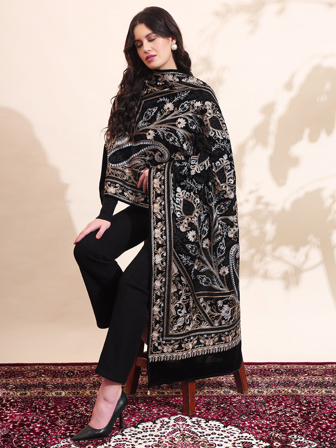 Floral Paisley Velvet Embroidered Stole | Black