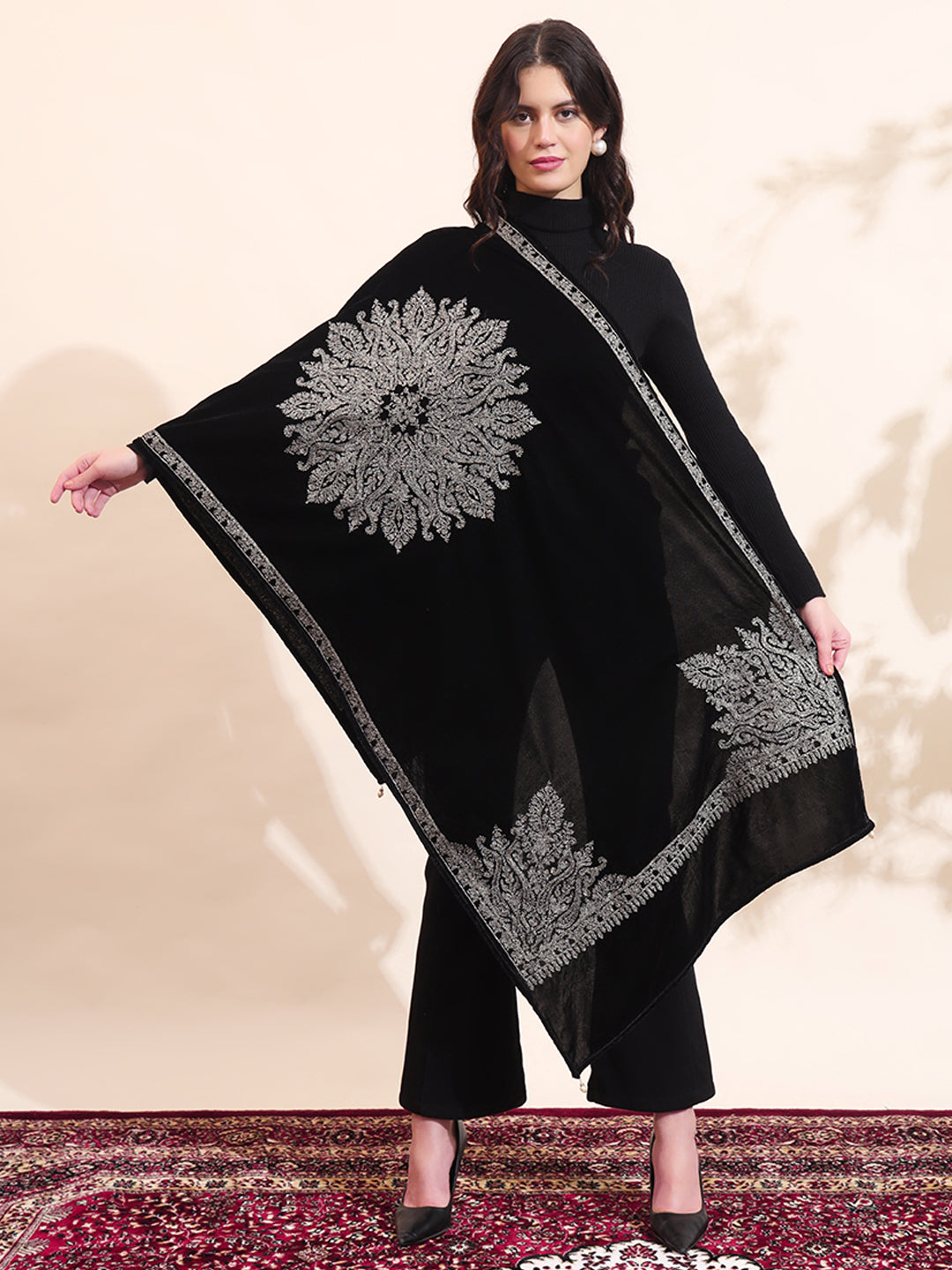 Velvet Zari Flower Embroidered Stole | Black