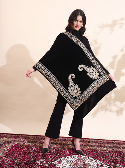 Floral Paisley Velvet Embroidered Stole | Black