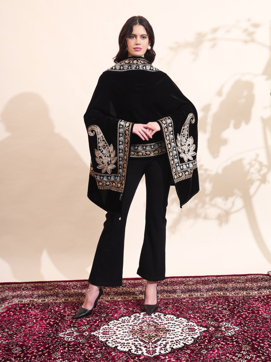 Floral Paisley Velvet Embroidered Stole | Black