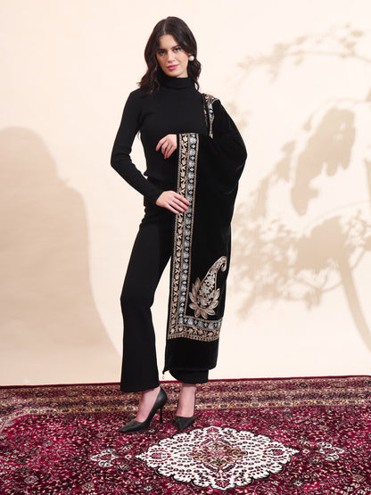 Floral Paisley Velvet Embroidered Stole | Black