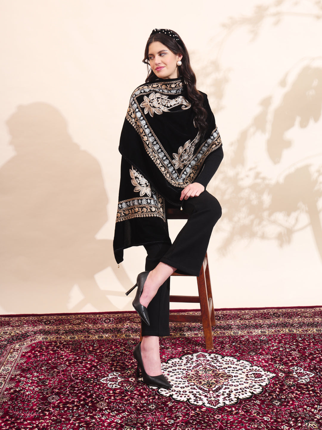 Floral Paisley Velvet Embroidered Stole | Black