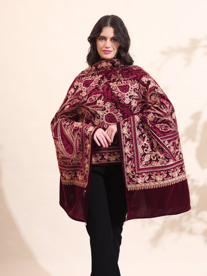 Floral Paisley Velvet Embroidered Stole | Maroon