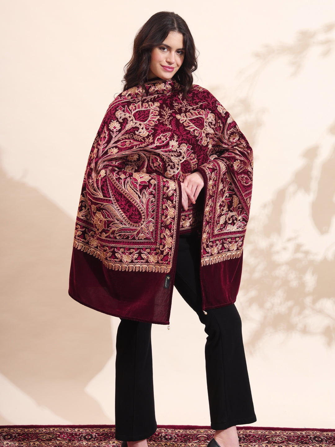 Floral Paisley Velvet Embroidered Stole | Maroon