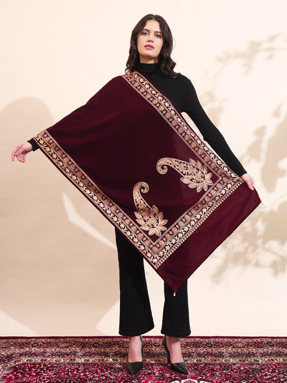 Floral Paisley Velvet Embroidered Stole | Maroon