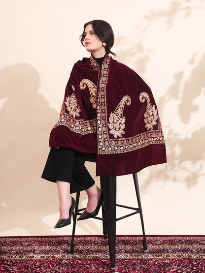 Floral Paisley Velvet Embroidered Stole | Maroon