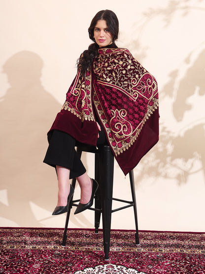 Velvet Floral Zari Embroidered Stole | Maroon