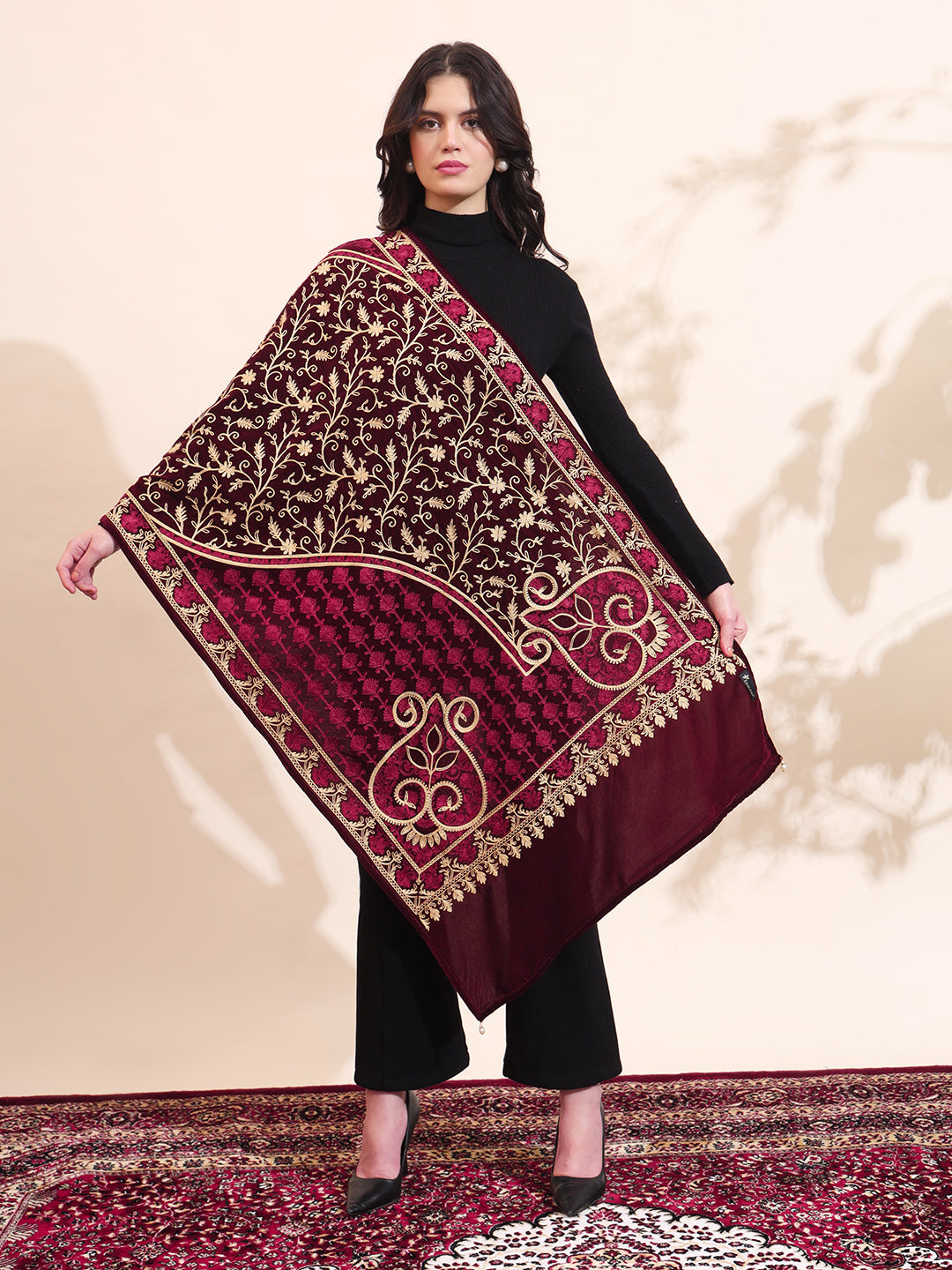 Velvet Floral Zari Embroidered Stole | Maroon