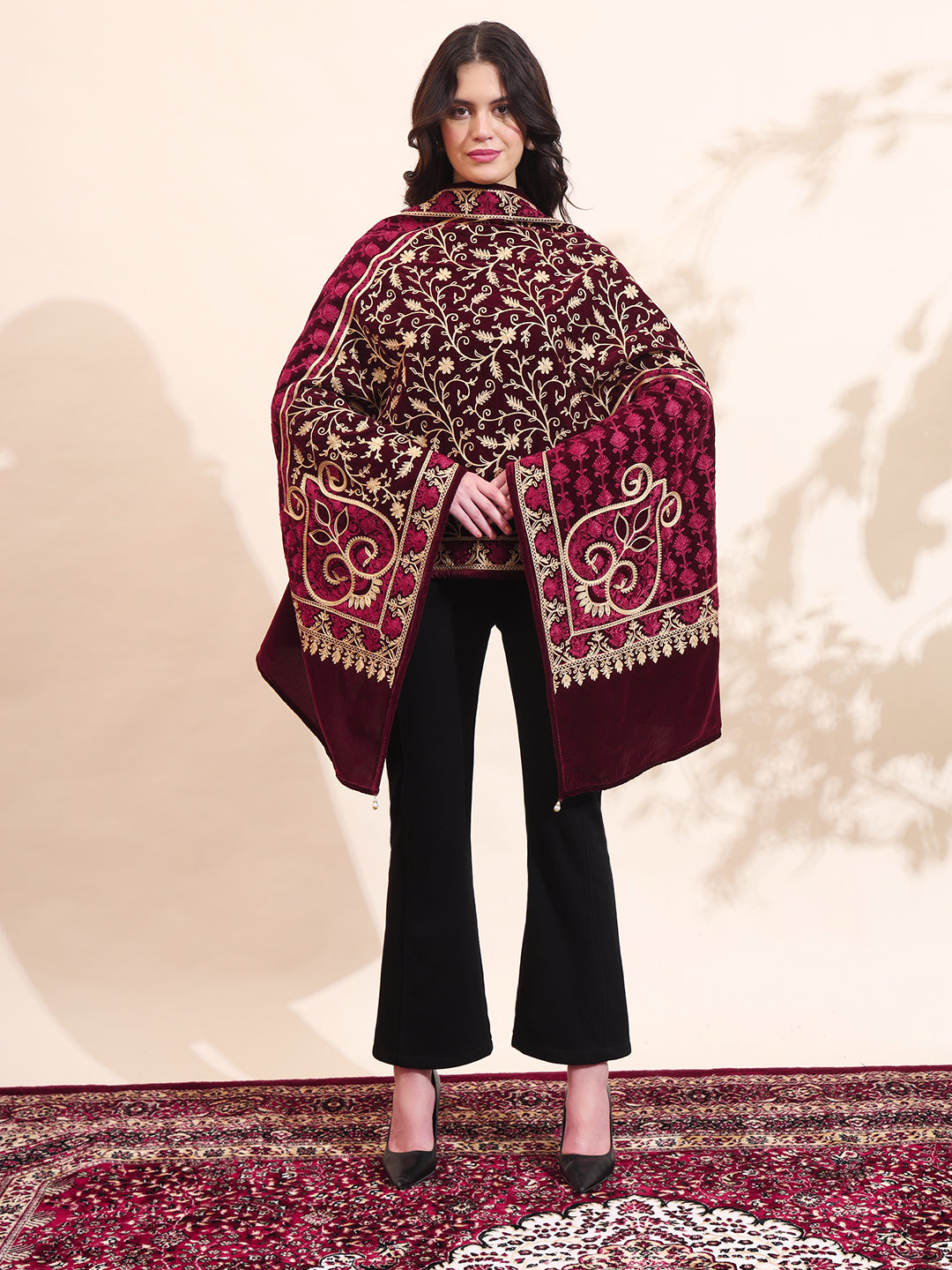 Velvet Floral Zari Embroidered Stole | Maroon