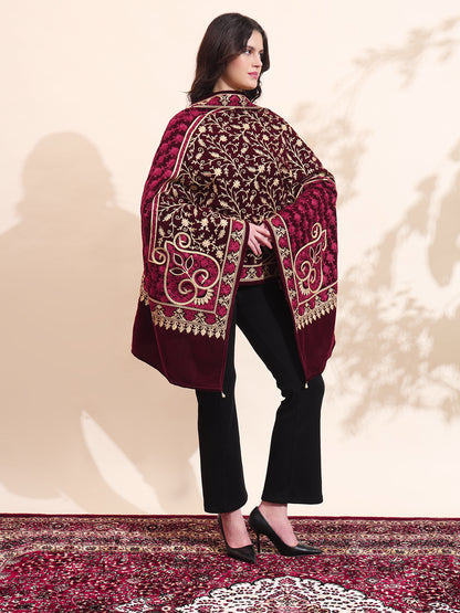 Velvet Floral Zari Embroidered Stole | Maroon